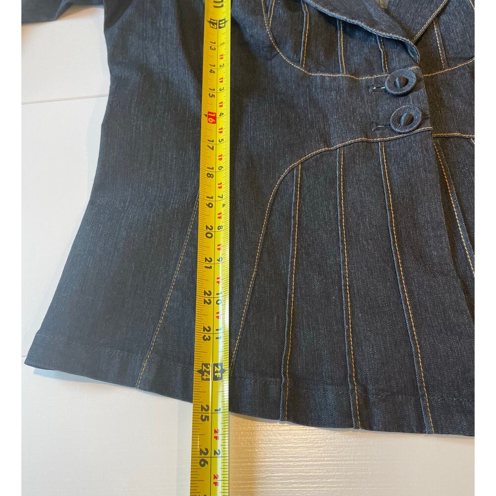 Bisou Bisou Blue Denim Blazer Jacket Sz L Contrast Stitching Pintucks Stretch - Picture 10 of 10